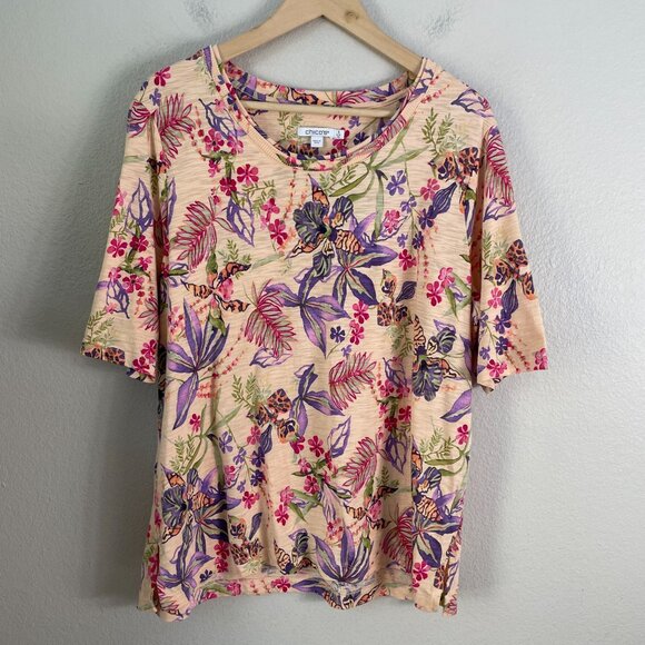 Chicos Womens XL Tropical Floral Elbow Sleeve Tee Crew Neck Shirt - Picture 9 of 14